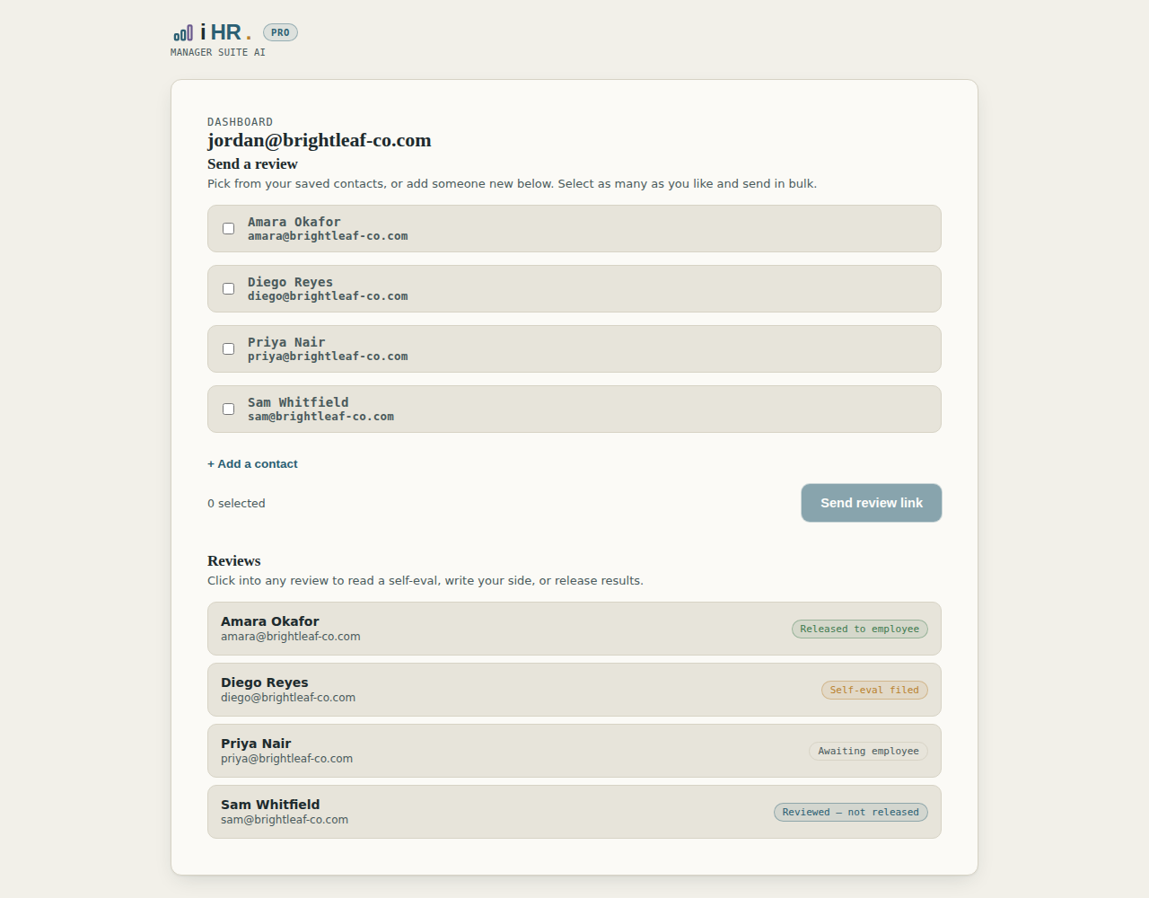 Manager dashboard with saved contacts, bulk send, and every review's status at a glance.